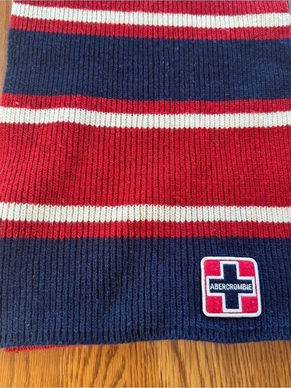 ABERCROMBIE & FITCH Wool Blend Scarf 6 Foot Long Red & Blue Stripes 2000s Preppy
